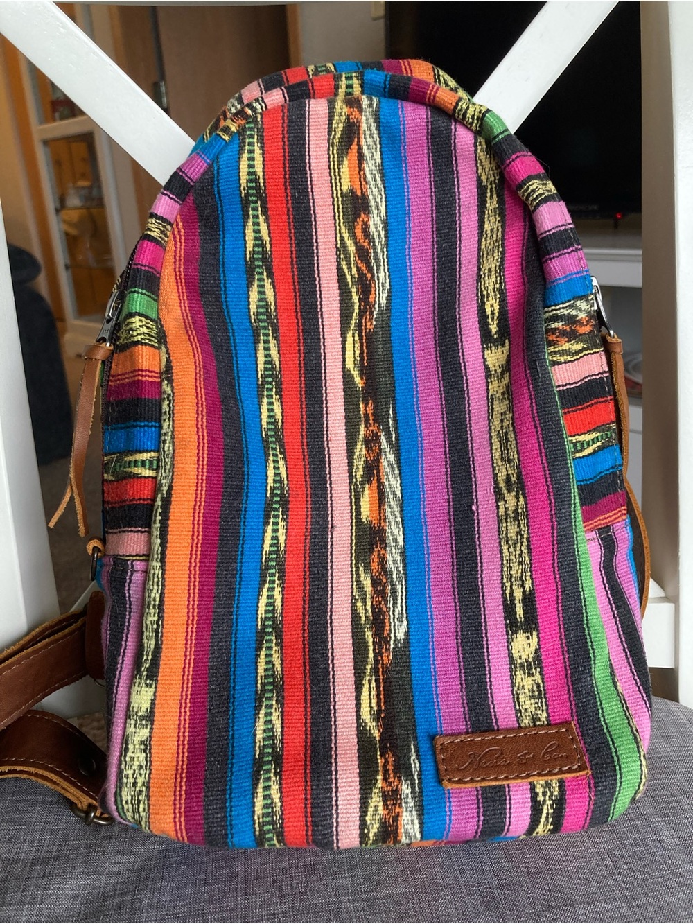 Colorful Striped Canvas Backpack with Leather Trim